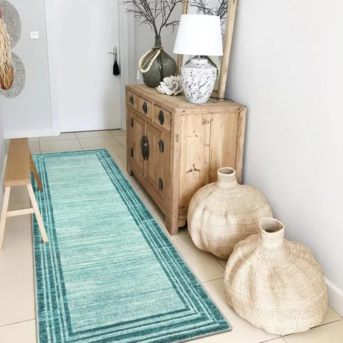 Alfombra de pasillo moderna abstracta Lahome, alfombra lavable turquesa de 2 x 6 pulgadas para entrada, alfombra antideslizante de bajo pelo para