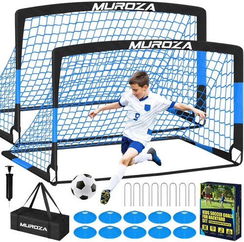 Portería de fútbol, juego de porterías de fútbol para niños para patio trasero, paquete de 2 redes de fútbol portátiles desplegables con pelota de