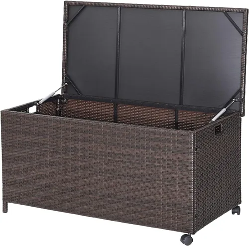 RELAX4LIFE Caja de almacenamiento de ratán para patio, caja de almacenamiento de mimbre para todo tipo de clima de 50 galones con tapa superior,