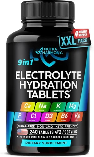 Vista 10 de Electrolitos - Tabletas de electrolitos con magnesio, sodio, potasio, cloruro, vitaminas D3 y B6, polvo de alga Kelp - Pastillas de sal - Fabricadas