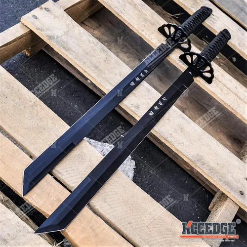 Vista 7 de Juego de 2 machetes Tanto Ninja Katana de espada doble de 28 pulgadas con funda de nailon + grabado negro chino en la edición Blade.