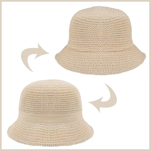 Vista 4 de Eigso Womens Mesh Woven Bucket Hats Summer Outdoor Beach Straw Bucket Hat for Woman Packable Beach Hat