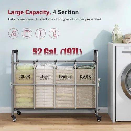 Vista 3 de Tajsoon Carrito clasificador de ropa sucia de 4 bolsas, clasificador de cestas de lavandería de 4 secciones con ruedas enrollables resistentes