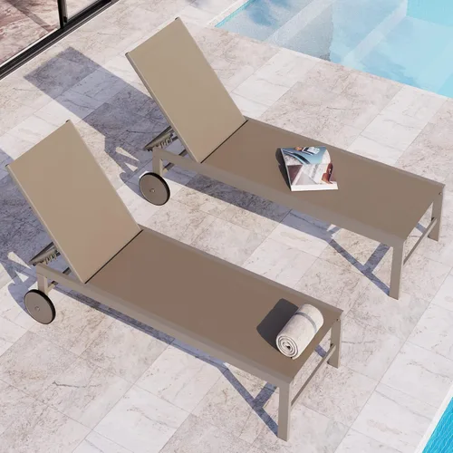 Vista 9 de QAQA - 2 tumbonas para exteriores con ruedas, silla de aluminio para patio con 5 posiciones ajustables para piscina, playa, patio, gris oscuro