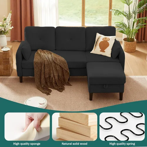 Vista 8 de Juego de sofá seccional de corduroy con otomano de almacenamiento y sofá cama, sofá en forma de L de 3 plazas con otomano de almacenamiento oculto