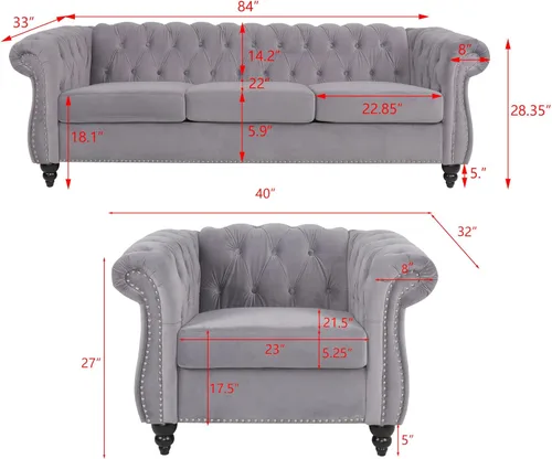 Vista 64 de RARZOE Juego de 3 piezas de muebles de sala de estar, sofá Chesterfield de terciopelo moderno, silla de club Chesterfield y sofá de dos plazas Mango