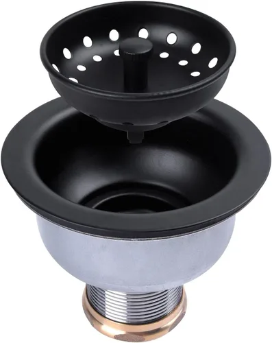 Vista 2 de Conjunto de drenaje de fregadero de cocina de taza profunda de 3-1/2, construcción de acero inoxidable 304 con cesta de poste fijo y vástago largo