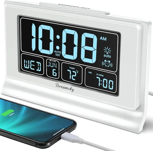 Vista 10 de DreamSky Despertadores para dormitorios con batería de respaldo, reloj digital de ajuste automático con fecha y día de la semana, temperatura