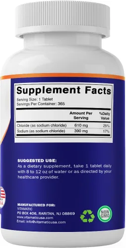 Vista 8 de Vitamatic Cloruro de sodio 1000 mg - 365 tabletas -2 botellas de reabastecimiento de electrolitos y soporte de hidratación - Sin OMG, sin gluten