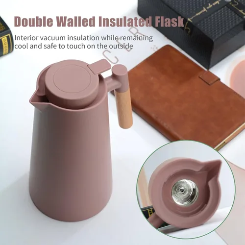 Vista 5 de Jarra térmica de doble pared de 1 litro, olla térmica al vacío con mango de madera, hervidor de agua, frasco aislado, jarra de té que mantiene