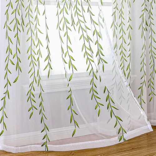 BROSHAN Cortinas traslúcidas con patrón verde, cortinas traslúcidas con estampado blanco, 2 paneles de cortinas de hojas de vid de 78 pulgadas de