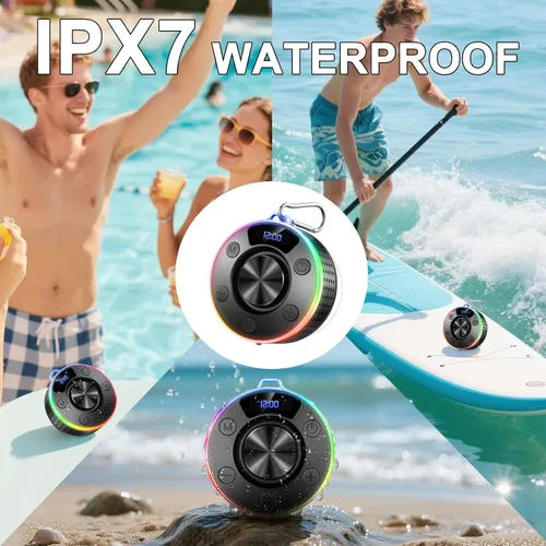 Vista 3 de Donerton Bluetooth Shower Speaker, Portable Bluetooth 5.4 Speaker with 360°HD Stereo Sound and Robust Bass, IPX7 Waterproof Speakers, LED Light Star