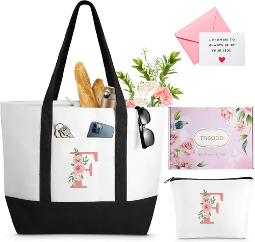 Vista 11 de TRSODD Regalos de cumpleaños para mujer, bolsa de lona con inicial con correa ajustable para el hombro y bolsa de maquillaje, regalos para mamá
