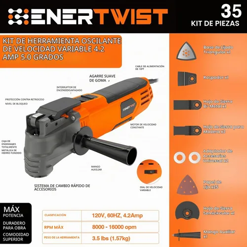 Vista 8 de ENERTWIST Kit multiherramienta oscilante de 4.2 amperios con 33 accesorios