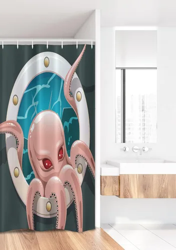 Vista 2 de Ambesonne Octopus Stall Shower Curtain, Kraken Cephalopod Tentacles in Ship Porthole Cartoon Illustration Retro Art, Fabric Bathroom Decor Set with
