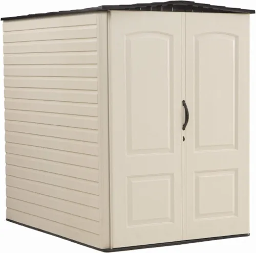 Vista 6 de Rubbermaid Cobertizo de almacenamiento vertical mediano de resina para exteriores con suelo (4.3 x 4.6 pies), resistente a la intemperie, Beige