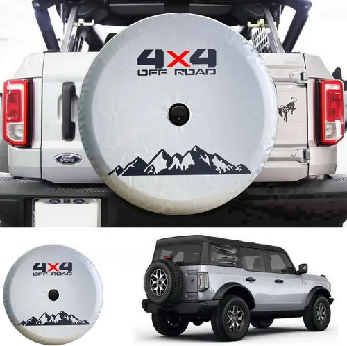 Vista 4 de Cubierta de neumático de repuesto para Ford Bronco, Jeep Wrangler, Toyota TX TXL con orificio para cámara, cubierta de rueda de repuesto blanca