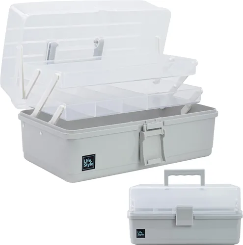 Vista 7 de Creahaus Caja de almacenamiento organizadora de manualidades de 13 pulgadas con 3 capas, caja de herramientas de plástico multiusos con asa