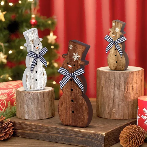 Vista 3 de Chunful 3 piezas de decoración de mesa de muñeco de nieve de Navidad, rústico, marrón, invernal, muñeco de nieve de madera, pieza central de mesa