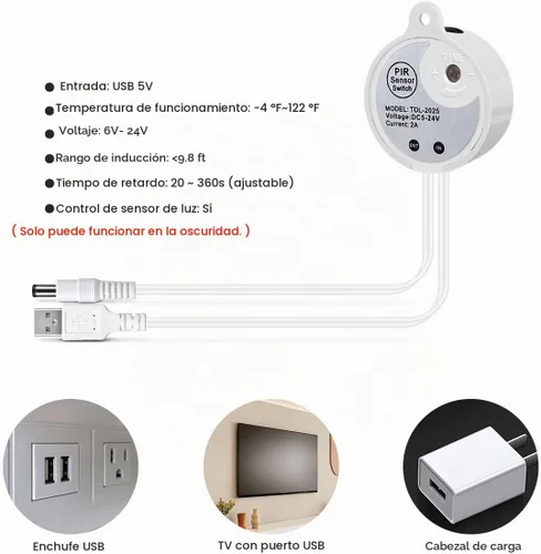Vista 5 de Tira de luces LED con sensor de movimiento COB, luces de tira LED de neón con sensor de movimiento USB de 5 V, tira de luz LED impermeable de 6.56