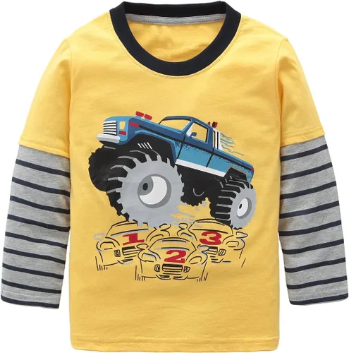 Moon Tree Camisetas de algodón de manga larga para niños, camisa de dibujos animados, cuello redondo, excavadora, paquete de 2