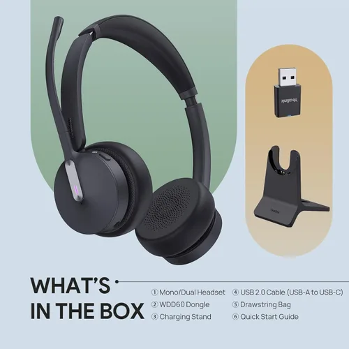 Vista 9 de Yealink WH64 Auriculares inalámbricos híbridos DECT y Bluetooth, alcance de 492 pies mono Teams UC con adaptador DECT y soporte de carga, micrófono