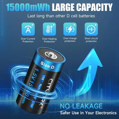 Vista 5 de CITYORK Paquete de 2 baterías de litio recargables USB-C de 15000 mAh de celda D, puerto USB tipo C de 1.5 V de salida constante, baterías de iones