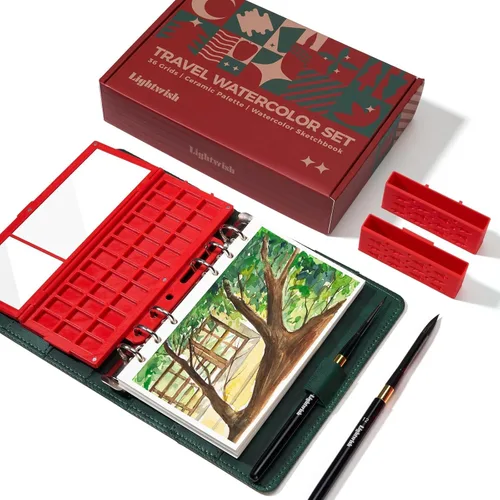 Vista 11 de Travel Watercolor Sketchbook Set - 6.7x3.9 in 100% Cotton Cold Press 20 Sheets Binder Art Journal with 36-Well Empty Ceramic Paint Palette & 2