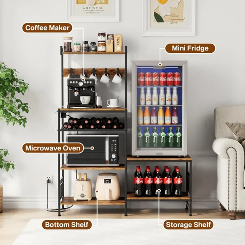 Vista 4 de Portin Estante de cocina para panaderos con toma de corriente, mini refrigerador y soporte para microondas, mesa de café con ganchos en S, estante