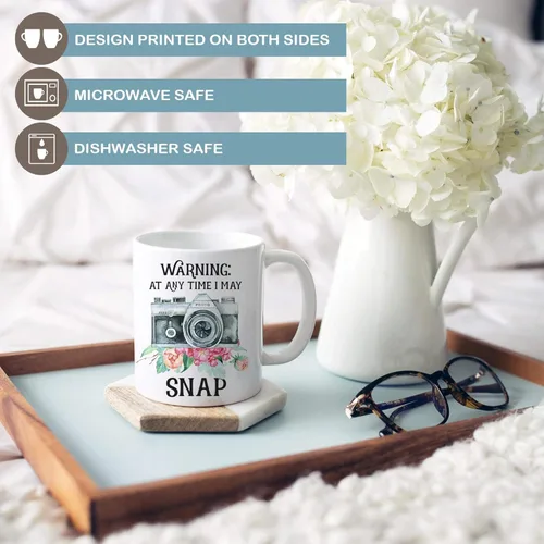 Vista 2 de Funny Photographer Mug – Warning I May Snap Camera Gift – Photography Coffee Cup for Photo Lovers or Hobbyists – 11oz or 15oz – White or Black Handle