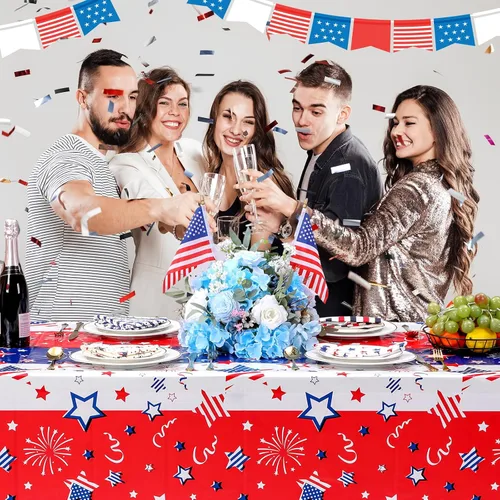 Vista 4 de Buryeah 3 Pcs Patriotic Tablecloth 54 x 108 Inch Plastic Tablecloth Red White Blue American Flag Rectangular Table Covers for 4th of July Memorial