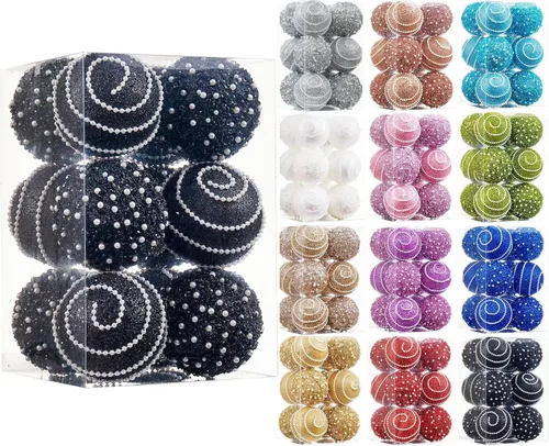 Vista 5 de Adornos de Bolas de Navidad Negras, Decoraciones de Bolas de Navidad de Plástico Irrompible Colgantes con Perlas para Fiestas Navideñas
