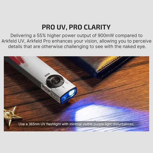 Vista 8 de OLIGHT Arkfeld Pro - Linterna plana recargable EDC con haz verde, combo UV y LED blanco, 1300 lúmenes, luces de bolsillo portátiles, triple fuente
