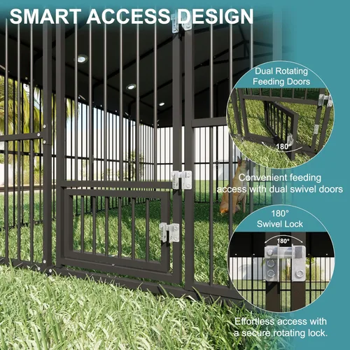 Vista 5 de Perrera para perros de 10 x 15 x 6 pies, casa para perros al aire libre con techo, resistente a todo tipo de clima, jaula grande para perros