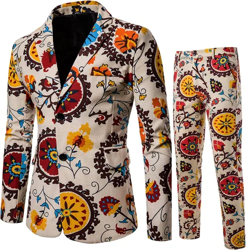 Chaqueta de esmoquin floral para hombre, traje para hombre, delgado, vintage, estilo Ã©tnico, fiesta, 2 piezas, chaqueta con estampado