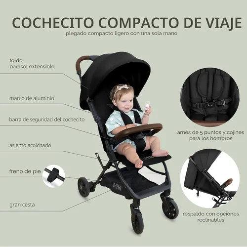 Vista 3 de Cochecito de viaje ligero para bebés y niños pequeños - Cochecito fácil de plegar y compacto para avión con toldo, cesta de almacenamiento