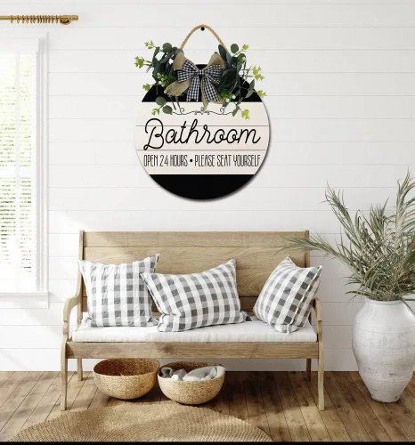 Vista 5 de Letrero de puerta delantera de baño, coronas divertidas para colgar, placa de madera, decoración redonda de madera rústica, decoración de porche