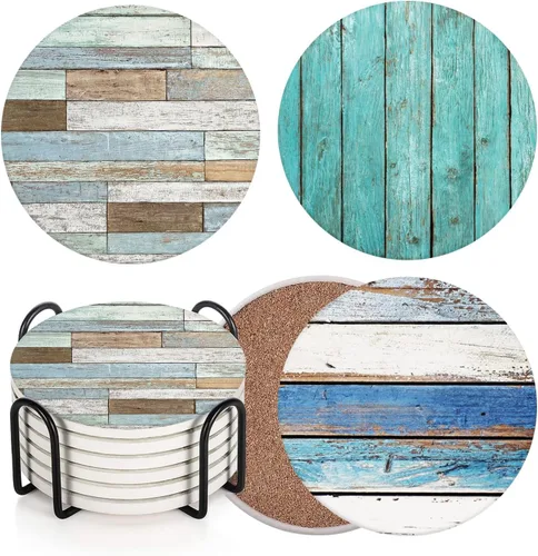 Vista 8 de Britimes Juego de 6 posavasos para bebidas, tablones de madera azul, mesa de pintura de madera azul, tapete redondo absorbente de piedra