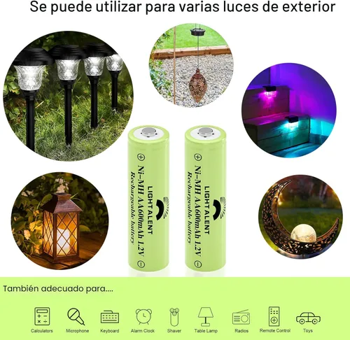 Vista 3 de Lightalent Pilas Recargables Ni-MH AA, Batería Precargada de Alta Capacidad Doble A 1.2V para Luces Solares Exteriores (AA-600mAh-12pack)