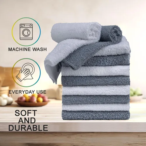 Vista 2 de Paños de Baño de Rizo – 12x12 Pulgadas – Paquete de 10 – Gris y Blanco – Altamente Absorbentes, Suaves al Tacto y Multiusos de Algodón para Uso