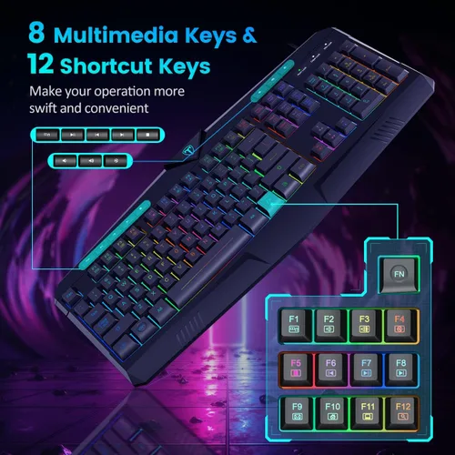 Vista 4 de Teclado para videojuegos, teclado silencioso con retroiluminación RGB de tamaño completo, reposamuñecas, teclas silenciosas, teclas multimedia
