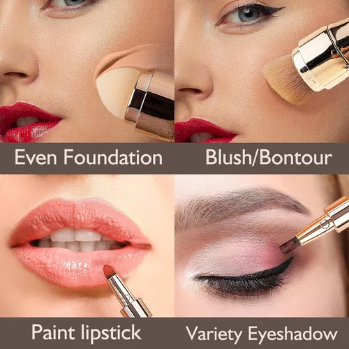 Vista 2 de kullder Brocha de maquillaje 4 en 1, brochas de maquillaje de viaje, esponja de mezcla, cejas, sombra de ojos y rubor, brochas de maquillaje