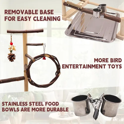 Vista 4 de Parque infantil para pájaros, soporte de loro de madera natural adecuado para pájaros pequeños y medianos, con tazas de alimentación, columpio