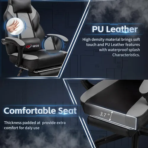 Vista 6 de Silla de juego Shintenchi, silla para computadora con reposapiés y soporte lumbar, silla de videojuegos con altura ajustable, silla de computadora