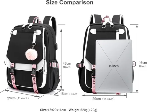 Vista 2 de Jotolan Mochila escolar impermeable para niñas adolescentes, bolsa de viaje con puerto de carga USB para estudiantes, Negro