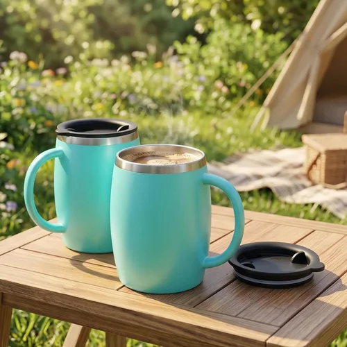 Vista 3 de Juego de 2 tazas de café aisladas de acero inoxidable (14 onzas) de doble pared con tapa y asa resistentes a derrames, tazas inastillables para Azul