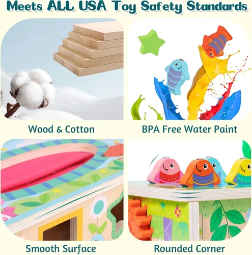 Vista 5 de Ancaixin Cubo de Actividad de 6 en 1 de Caja de Tejidos Montessori para Bebés de 6+ Meses, Cubo de Actividad de Madera, Rompecabezas para 12-18