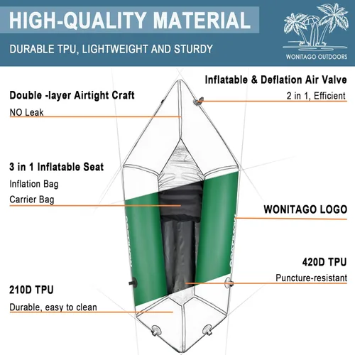 Vista 2 de Packraft - Kayak inflable de viaje de TPU con asiento suave y ligero, para rafting de agua plana/deriva de bicicletas/bote de agua litewater, 1