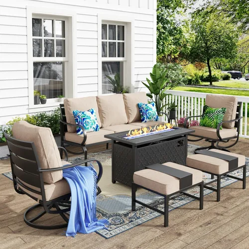 Vista 47 de MFSTUDIO Juego de muebles de patio de 6 piezas con mesa de fogata de gas de 45 pulgadas (hasta 7 asientos), sofás de conversación de patio con marco