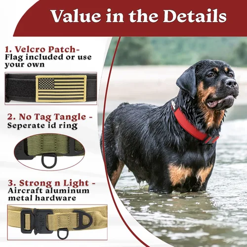 Vista 4 de Collar táctico rojo avanzado para perro con asa - Hebilla de metal resistente y ligera, acolchado de neopreno suave - Collar militar para perros